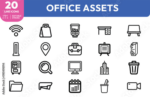 Set of twenty minimal black line icons for office workplace assets and corporate business supplies