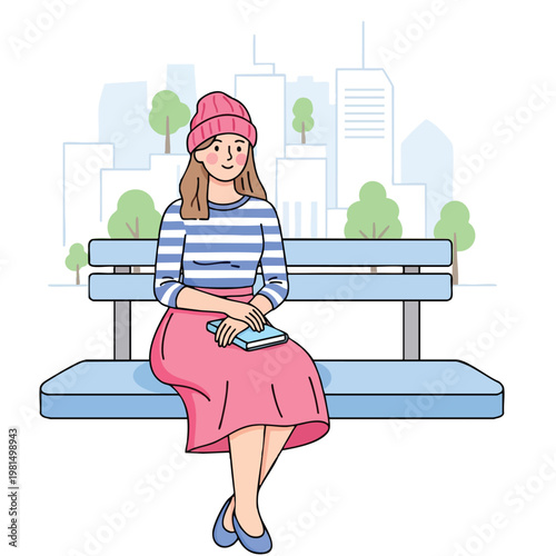 Young Woman Relaxing on a Park Bench in an Urban Environment