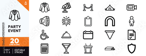 Minimalist outline icons for planning social gatherings and professional corporate events on a white background