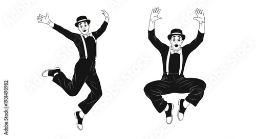 Mime Artists Jumping Joyfully, Black and White Silhouettes, Expressive Performance
