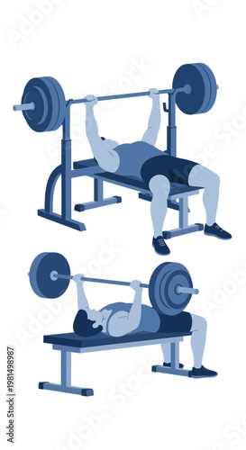 Man performing bench press exercise with barbell on weight bench, fitness and strength training
