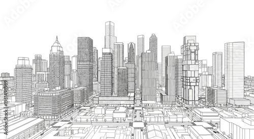 Detailed wireframe drawing of a modern city skyline with numerous skyscrapers and urban infrastructure.
