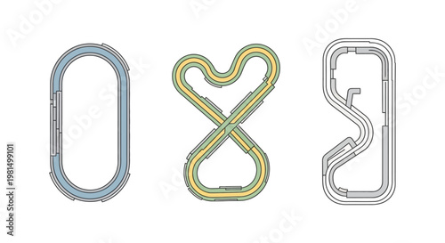 Set of abstract, stylized race tracks or circuit designs in different shapes and colors