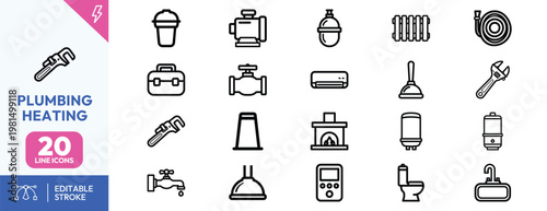 Comprehensive collection of minimalist line icons representing professional residential plumbing and heating maintenance services