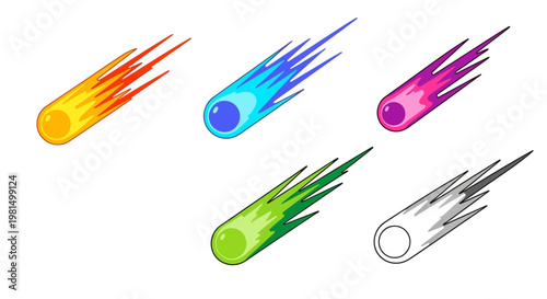 Set of colorful comets flying through space, space objects, meteor shower, cosmic elements