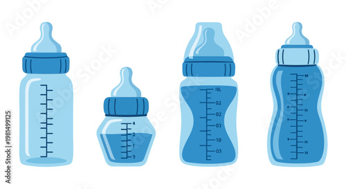 Set of Blue Baby Feeding Bottles with Measurement Markings