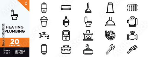Professional collection of plumbing and heating line icons for home maintenance and repair service designs