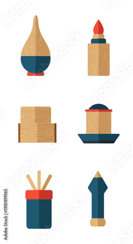 Set of Flat Design Icons: Incense Burners, Candles, and Decorative Objects