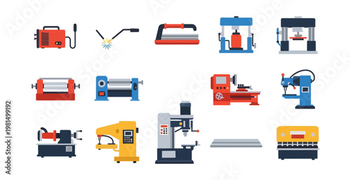 Industrial machinery collection illustration on black backdrop