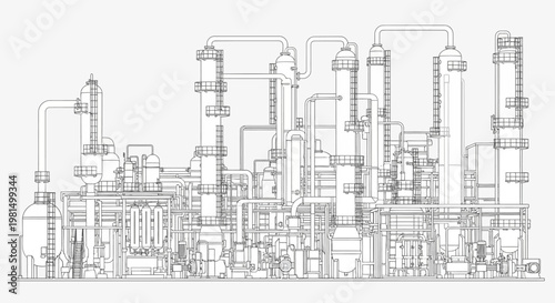 A detailed line drawing of a complex industrial chemical processing plant with multiple towers and pipes.