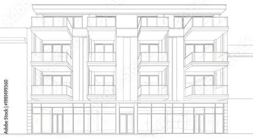 Detailed line drawing of a modern multi-story building with balconies and ground-floor shops.