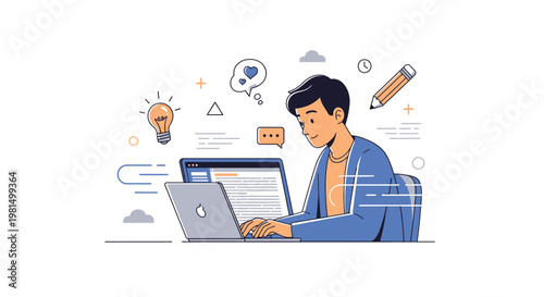 Young man working on laptop with creative ideas and inspiration symbols around him