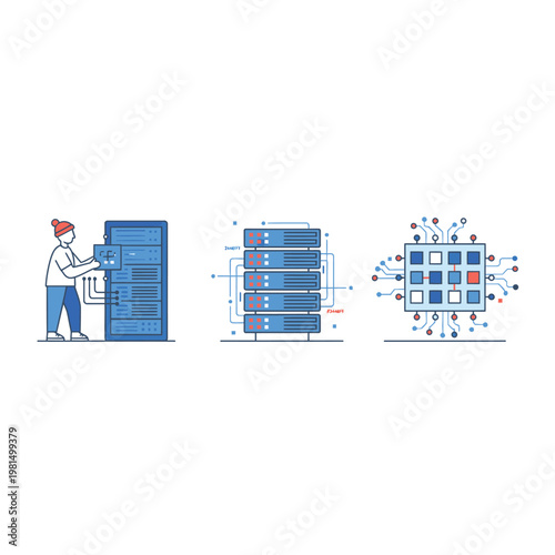 Data Center Server Racks and Network Connections Illustration.
