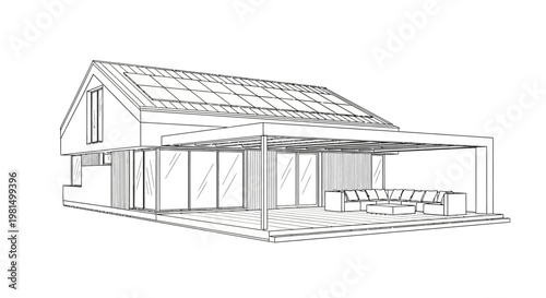 Architectural line drawing of a modern house with solar panels and a covered patio.