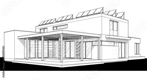 Architectural line drawing of a modern house with solar panels and a large covered patio, illustrating contemporary residential design.