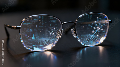 Minimalist glasses with crystalline lenses on dark surface