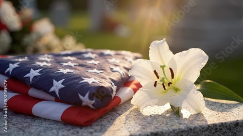 Patriotic memorial service with folded American flag and white lily on stone.