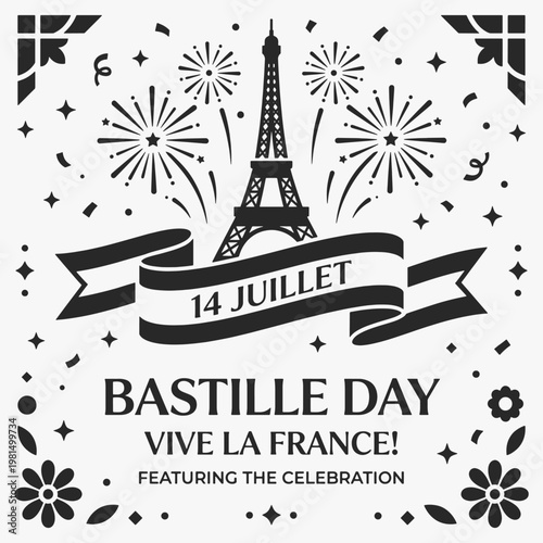 Vibrant hand-drawn Bastille Day lettering with decorative elements. Vector Illustration