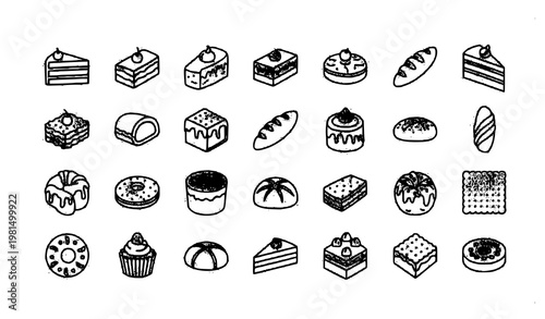 Bakery dessert outline icons set pastry bread sweets for cafe and menu vector eps10