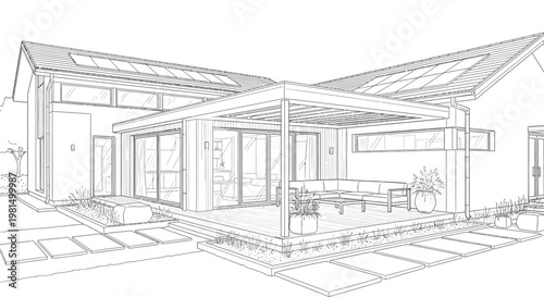 Architectural sketch of a modern house with a patio, pergola, and solar panels on the roof.