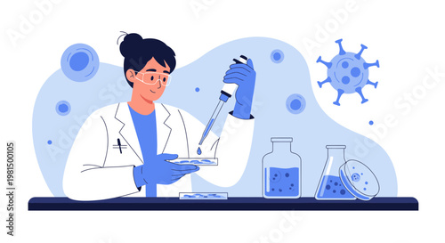 Scientist in lab coat and gloves conducts research with pipette and petri dish, virus illustration