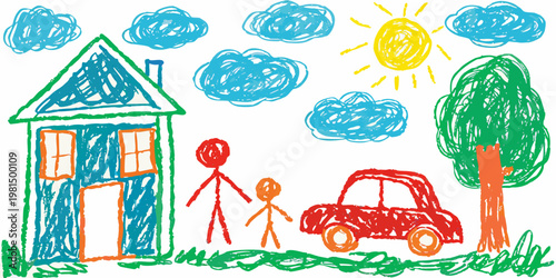 A child s drawing depicts a house sun tree and family outdoors