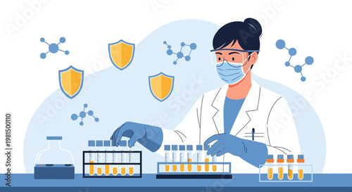 Scientist in Lab Coat and Mask Analyzing Test Tubes with Molecules and Shields