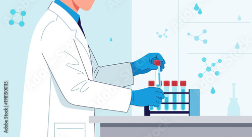 Scientist in lab coat and gloves conducts experiment with test tubes and molecules