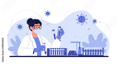 Scientist in lab coat and mask analyzing virus samples in test tubes, pandemic research