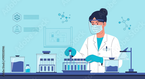 Scientist in lab coat and mask conducting experiment with test tubes and beakers