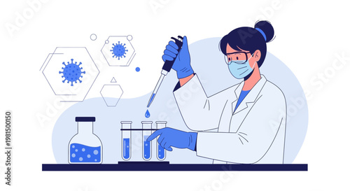 Scientist in lab coat and mask conducts research with test tubes and virus symbols