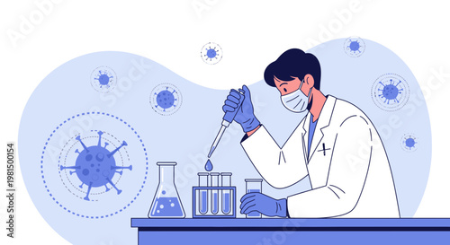 Scientist in lab coat and mask conducting research with coronavirus sample in test tubes