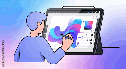 Graphic designer working on digital drawing tablet with colorful artwork on screen in modern studio lighting for creative advertising