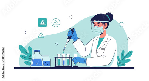 Scientist in lab coat and mask performs experiment with pipette and test tubes
