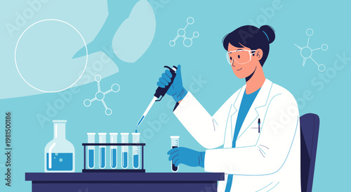 Scientist working in laboratory with pipette and test tubes, conducting research