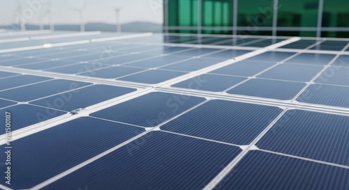 Close-up of Solar Panels on a Rooftop with Wind Turbines