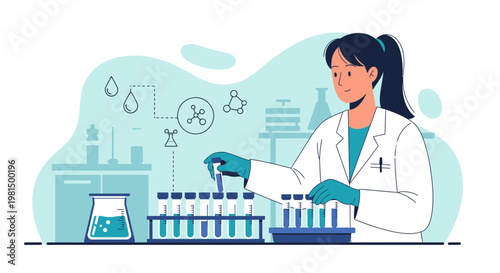 Scientist working in laboratory with test tubes and beakers, science research concept