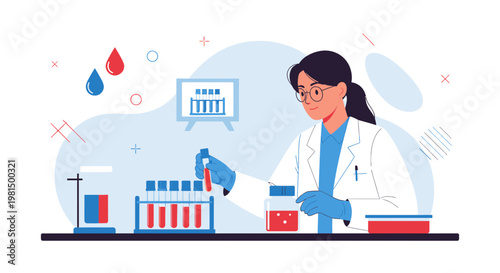 Scientist working in laboratory with test tubes and microscope, conducting research