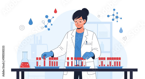 Scientist working in laboratory with test tubes and molecular models