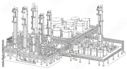 Detailed wireframe drawing of a large industrial chemical processing plant with multiple distillation columns and storage tanks.