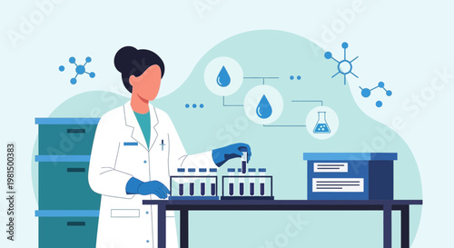 Scientist working in laboratory with test tubes and molecules