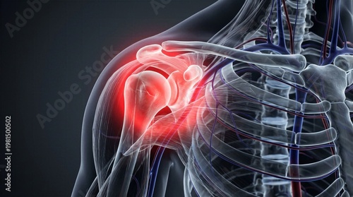Transparent 3D anatomical model of human torso highlighting shoulder injury and articular joint stress.