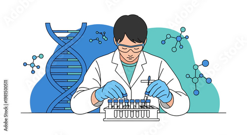 Scientist working with DNA and test tubes in a laboratory, scientific research concept