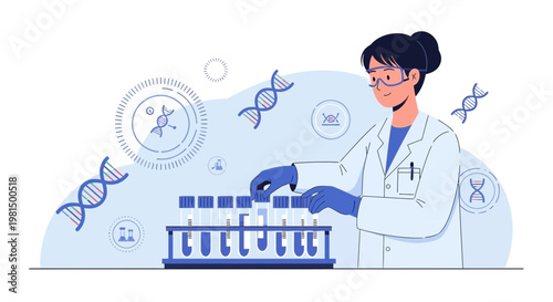 Scientist working with DNA and test tubes in a laboratory, genetic research concept