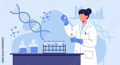 Scientist working with DNA and test tubes in a modern laboratory, biotechnology concept