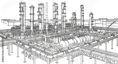 Detailed wireframe drawing of a large industrial oil refinery or chemical plant with complex piping and structures.