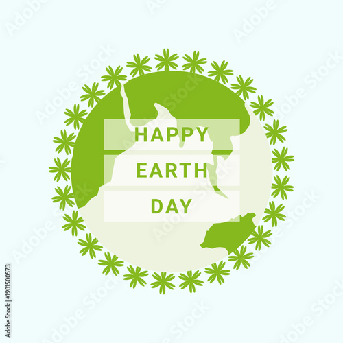 Celebrate Happy Earth Day with this green globe illustration featuring a floral border. Ideal for ecology, nature protection, and sustainability projects promoting a healthy planet and environment.