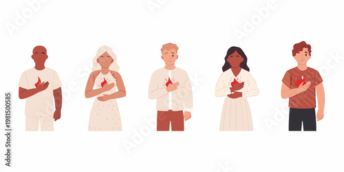 Diverse people holding hearts to their chests symbolizing love and connection