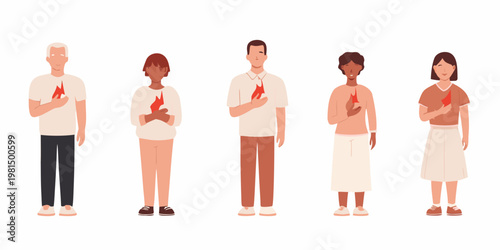 Diverse group of people holding red heart shaped objects close to chest