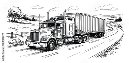 Large semi truck driving on winding road, freight transportation, logistics, delivery vehicle